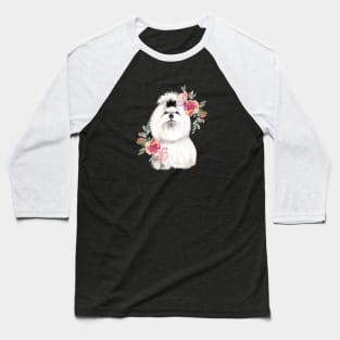 Cute White Shih Tzu with Flowers Watercolor Art Baseball T-Shirt